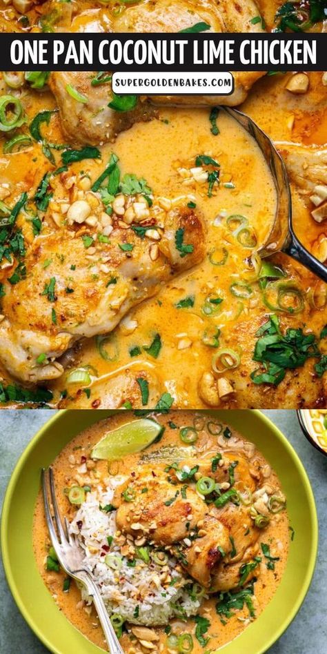 This creamy, zesty and delicious one pan Coconut Lime Chicken cooks in just 30 minutes! Skinless and boneless chicken thighs are first pan seared then braised in coconut milk until tender and packed with flavor. Shabbat Dinner Recipes, Chicken Thigh Casserole, Healthy Chicken Thigh Recipes, Chicken Thighs Dinner, Coconut Milk Chicken, Coconut Lime Chicken, Braised Chicken Thighs, Chicken Recipes Boneless, Coconut Milk Recipes