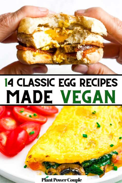 Two hands hold a breakfast sandwich with a bite taken out of it with text reading: 14 classic egg recipes made vegan Vegan Egg Recipes, Mc Muffin, Vegetarian Ham, Egg Substitutes, Just Egg, Vegan Egg Substitute, Vegan Recepies, Vegan Tips, Vegan French Toast