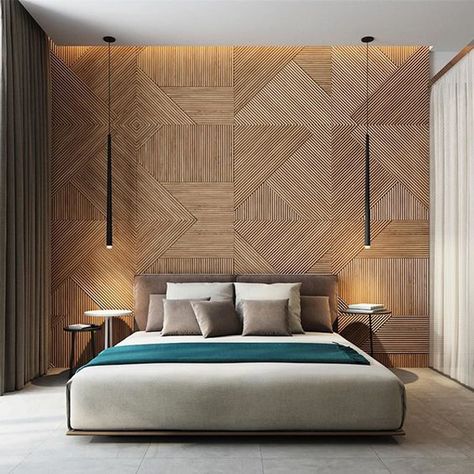 20 Modern And Creative Bedroom Design Featuring Wooden Panel Wall | Home Design And Interior Pelan Rumah, Bed Design Modern, Bilik Tidur, Hus Inspiration, घर की सजावट, Modern Bedroom Design, Wood Panel Walls, Hotel Decor, Remodel Bedroom