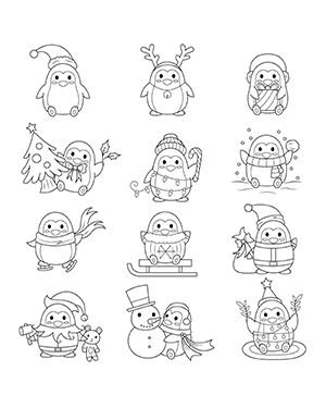 Christmas Digi Stamps, Penguin Doodle Simple, Christmas Penguin Drawing, Penguin Doodle, Digital Stamps Christmas, Digi Stamps Free, Digital Stamps Free, Black And White Clip Art, Penguin Drawing