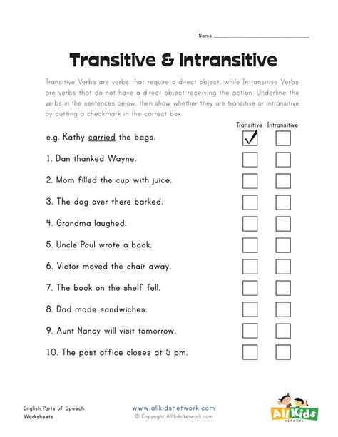 Transitive and Intransitive Verbs Worksheet | All Kids Network Transitive Verbs Worksheet, Transitive And Intransitive Worksheet, Transitive And Intransitive Verbs, Functional English, Intransitive Verbs, Verbs Worksheet, Intransitive Verb, Transitive Verb, Nouns Worksheet