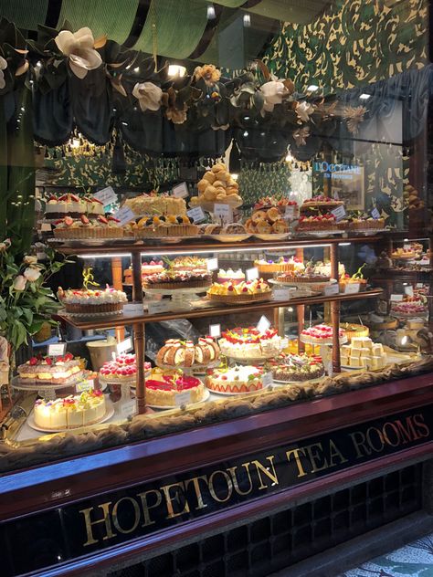 A large variety of cakes in a fancy cake cabinet Hopetoun Tea Rooms, Old Cafe Aesthetic, Bakery Concept, Melbourne Aesthetic, Food Vendor, A Slice Of Cake, Dessert Restaurants, Cosy Cafe, Bakery Shop Design