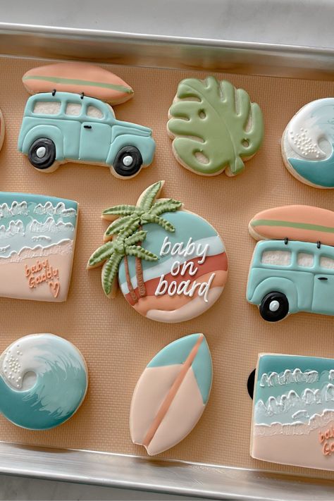 Surfer Gender Reveal Ideas, Surf Gender Reveal, Baby On Board Decorations, Coastal Gender Reveal, Coastal Theme Baby Shower Ideas, Surfing Baby Shower Ideas, Baby On Board Baby Shower Ideas Girl, Beach Baby Shower Cookies, Baby On Board Surf Theme