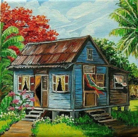 Casita jibara Caribbean House, Jamaican Art, Caribbean Homes, Puerto Rico Art, Afrikaanse Kunst, Caribbean Art, Island Art, Tropical Art, African Art