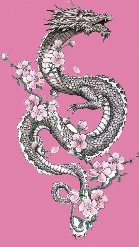 Chinese New Year Dragon Drawing, Pink Dragon Wallpaper, Traditional Chinese Dragon Art, Year Of The Dragon Tattoo, Dragon Tattoo Sketch, Sakura Tattoo, Small Dragon Tattoos, Japanese Flower Tattoo, Dragon Tattoo Art