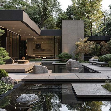 Landscape Ideas Layout, Zen House Exterior, River Landscape Design, Luxury Modern House Design, Beautiful House Exterior, Home Landscape Design, Pathway Design, Beautiful Houses Exterior, Inspiring Lifestyle