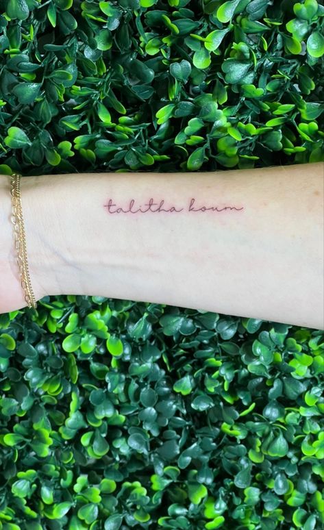 Talitha Koum, fine line, tattoo, biblical Hebrew 11:1 Tattoo, Talitha Cumi Tattoo, Talitha Koum Tattoo, Hebrew Tattoos For Women, Talitha Koum, Wrist Tatoo, Hebrew Tattoo, Catholic Tattoos, Simple Arm Tattoos