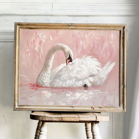 ✣ 𝗜𝗠𝗠𝗘𝗗𝗜𝗔𝗧𝗘 𝗗𝗢𝗪𝗡𝗟𝗢𝗔𝗗 ✣ Introducing our charming Blush Pink Swan Vintage Painting Printable Wall Art, perfect for adding a touch of elegance to your nursery decor. This digital print poster captures the essence of cottagecore with its soft pink hues and delicate swan imagery. The Coquette Wall Art design is a lovely addition to any vintage-inspired space, bringing a sense of whimsy and nostalgia. Instantly elevate your home with this beautiful piece that exudes timeless beauty an Home Art Pieces, Vintage Pink Decor, Coquette Canvas Painting, Pink Vintage Painting, Paintings For Room Decor Wall Art, Swan Room Decor, Vintage Painting Ideas, Room Pictures Wall, Bedroom Art Ideas