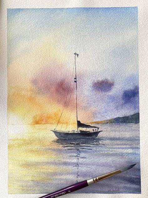 Easy Watercolor Landscape, Landscape Painting Ideas, Watercolor Boat, Watercolor Scenery, Boat Drawing, Watercolor Art Landscape, Watercolor Paintings Nature, Sailboat Art, Watercolor Water