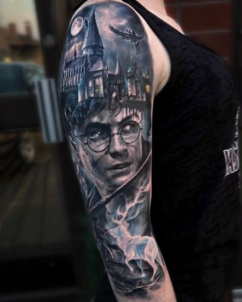 Dark Harry Potter Tattoo, Harry Potter Tattoos Sleeve Arm, Harry Potter Leg Tattoos, Harry Potter Thigh Tattoo, Harry Potter Tattoos Sleeve, Tatuajes Harry Potter, Harry Potter Tattoo Designs, Harry Potter Sleeve, Biceps Tattoo