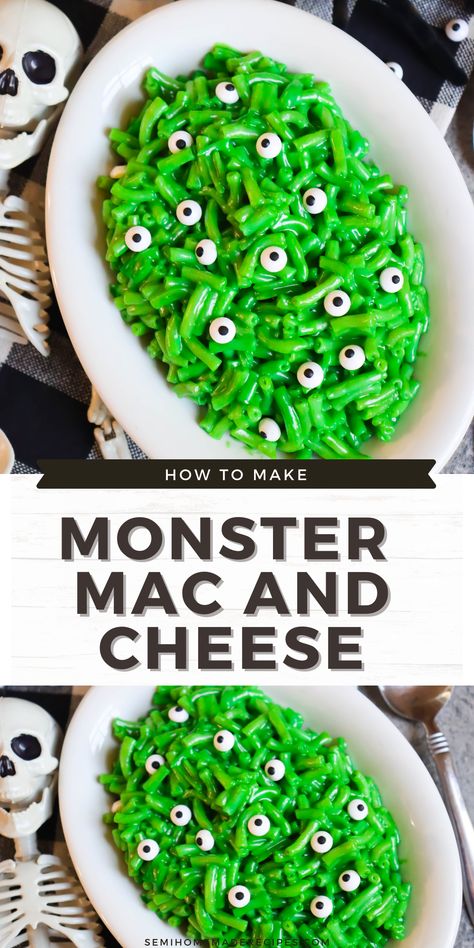 Monster Mac and Cheese - a semi homemade, fun and savory Halloween recipe using macaroni and cheese, green food coloring and candy eyes! This Monster Mac and cheese is the perfect Halloween lunch or Halloween dinner! Monster Mac And Cheese, Halloween Diy Party Ideas, Mac And Cheese Halloween, Beetlejuice Snacks, Halloween Mac And Cheese, Spooky Desserts, Halloween Dinners, Savory Halloween Food, 2024 Activities