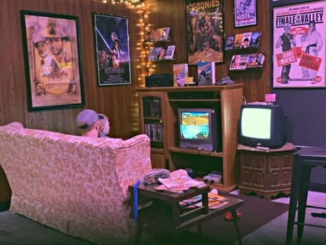 80s Furniture Living Rooms, 1980s Basement, 80s Basement Aesthetic, 90s Basement Aesthetic, 80s Set Design, 90s Basement, Basement Hangout Room, 80s Basement, 80s Living Room Aesthetic