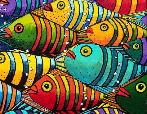 Whimsical Fish Paintings, Whimsical Fish Art, Folk Art Painting Whimsical, Fish Art Illustration, Folk Art Paintings, Folk Art Fish, Contemporary Folk Art, Whimsical Art Paintings, Sea Life Art