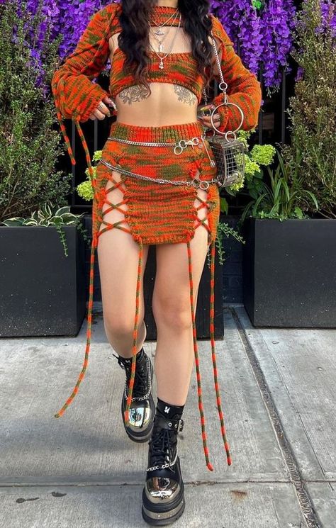 Rate This Festival outfits From ⭐1~10. SAVE & FOLLOW i will update everyweek. Knitted Festival Outfit, Red Crochet Outfit, Crochet Rave Accessories, Diy Festival Accessories, Rave Crochet Outfit, Crochet Concert Outfit, Crochet Rave Outfit, Rave Outfits Modest, Crochet Festival Outfit