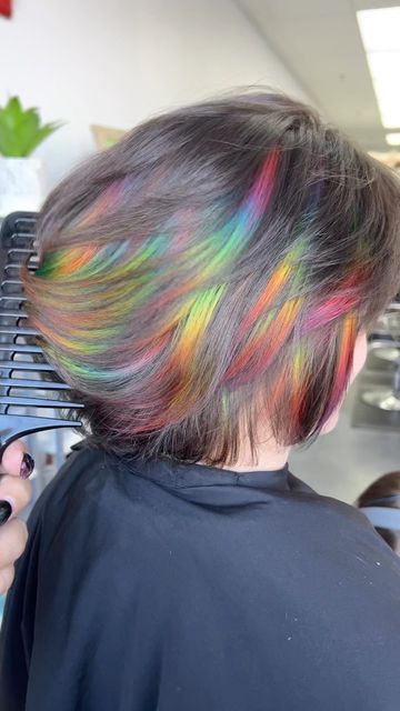 Ribbon Hair Color, Prism Highlights Black Hair, Iridescent Black Hair, Rainbow Highlights Short Hair, Prism Highlights Hair, Prism Highlights Brown Hair, Prism Hair Color Short, Short Hair Rainbow Color, Rainbow Dyed Hair Underneath