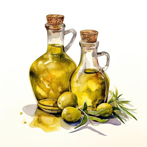 Premium AI Image | Olive oil watercolor illustration on white background Olive Oil Sticker, Olive Watercolor Painting, Olive Oil Painting, Olive Oil Illustration, Olive Oil Drawing, Olive Oil Aesthetic, Olives Watercolor, Olive Illustration, Oil Illustration