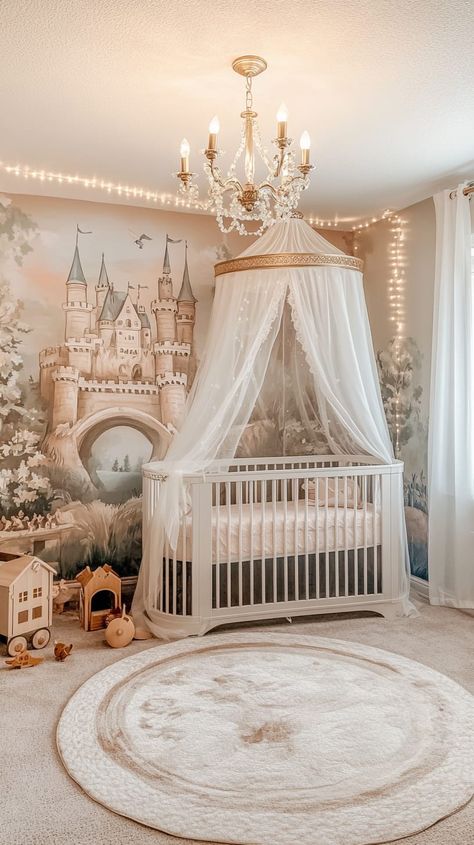 Princess-themed nursery with castle mural, pastel colors, white crib, soft lighting, and plush toys for a cozy atmosphere. Disneyland Nursery Ideas, Baby Girl Princess Nursery, Cinderella Nursery Theme, Once Upon A Time Nursery Theme, Disney Baby Room Ideas, Disney Baby Girl Nursery, Baby Girl Disney Nursery, Colourful Nursery Ideas, Fantasy Nursery Theme