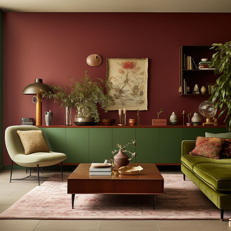 Green And Burgundy Interior, Green And Red Home Decor, Burgundy Feature Wall Living Room, Burgundy Color Combinations Living Room, Plum And Green Living Room, Wine Color Living Room, Cozy Red Living Room, Green Maroon Color Palette, Burgundy And Pink Living Room