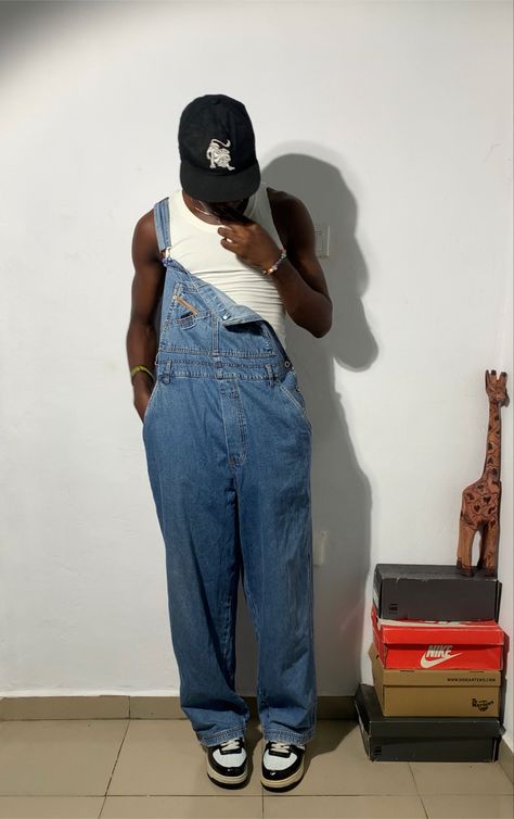 Overalls Outfit Men Aesthetic, Dungaree Men Outfit, Men’s Denim Overalls Outfit, Overall Fits Men, Overalls And Tank Top Outfit, Overalls Outfit Summer Men, Overalls Men Fashion Aesthetic, Mens Overalls Outfits Street Styles, Men Dungarees Outfit