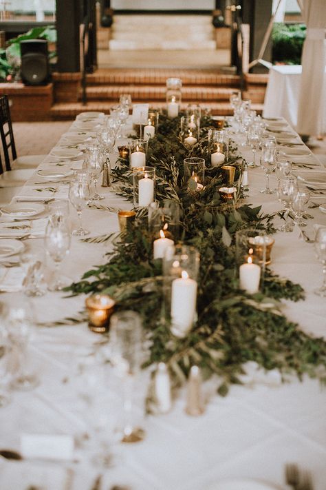 Winter Wedding Table Settings Centerpieces, Candles And Garland Centerpiece, Green Garland Round Table, Lambs Ear Table Decor, Candles And Garland Wedding, Winter Wedding Simple Centerpieces, Greenery Wedding Reception Tables, Winter Greenery Table Runner, Wedding Winter Table Decorations