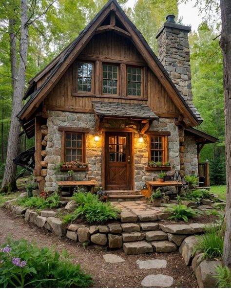 House Ideas Minecraft, Cottages In The Woods, Small Stone Cottage, Stone Cabin, Mountain Home Exterior, Tudor Cottage, Fairytale House, Log Cabin Rustic, Storybook Homes