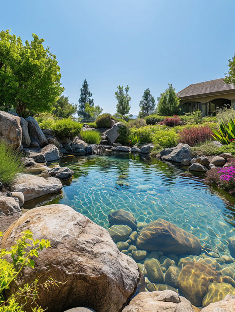 Dive into the beauty of nature with Aquascape Creations! Elevate your outdoor space with our enchanting garden pond designs. Transform your haven into a serene oasis. 🌿 #GardenPondMagic #AquascapeCreations Water Ponds Ideas Backyards, Natural Pond Landscaping, Garden Pond Waterfall, Aquascape Pond, Recreational Pond, Pool Garden Design, Garden With Pond, Pond With Waterfall, Nature Pond