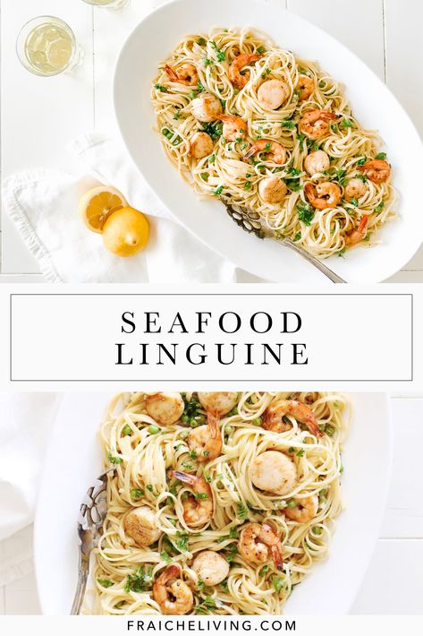 Seafood Linguine White Wine Sauce, White Wine Linguine, Seafood Linguine White Wine, Easy Seafood Linguine Recipe, Seafood Pasta White Sauce, Shrimp And Scallop Recipes Pasta Seafood Linguine, Seafood Pasta In White Wine Sauce, Garlic Olive Oil Seafood Pasta, Creamy Seafood Linguine