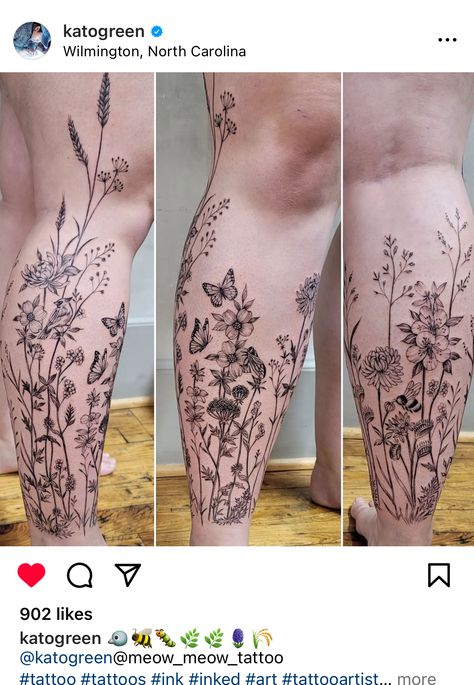 Garden Tattoo Design, Nature Calf Tattoos For Women, Flowers Around Leg Tattoo, Flower Garden Tattoo Ankle, Garden Scene Tattoo, Tap Out Tattoo Session Ideas, Wildflowers Leg Tattoo, Full Body Botanical Tattoo, Leg Garden Tattoo