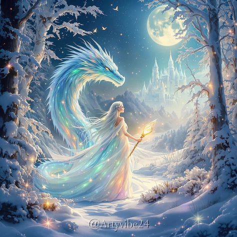 A mystical winter forest bathed in silver moonlight, where glowing ice crystals float gently in the air, shimmering with all the colors of the rainbow. At the center of the scene stands an elegant elf princess with snow-white hair and a shimmering cloak made of frosty light. She holds a glowing crystal staff, its magic casting a warm golden glow over the surroundings. Tiny, winged snow faeries dance around her, while in the background, a majestic ice-blue dragon with sparkling scales peers th... Crystal Staff, Dnd Christmas, Ice Witch, Glowing Crystal, Elf Princess, Snow Dragon, Winter Pics, Mermaid Images, Ice Dragon