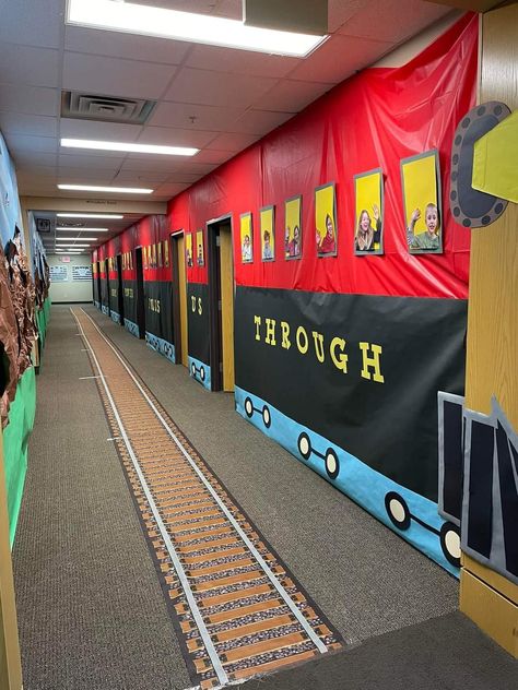 Train Classroom Decorations, Answers In Genesis 2025 Vbs, Wonder Junction Vbs Decorations, Wonder Junction Vbs, Wonder Junction Vbs 2025, Cheer Locker Room, Train Theme Classroom, Vbs Train Theme, Road Trip Vbs