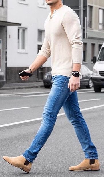 White Henley Outfit Men, Tan Suede Chelsea Boots Men Outfit, Tan Boots Outfit Men, Chelsea Boots Outfits, Tan Suede Chelsea Boots, Suede Boots Outfit, White Henley, Mens Suede Boots, Boots Men Outfit