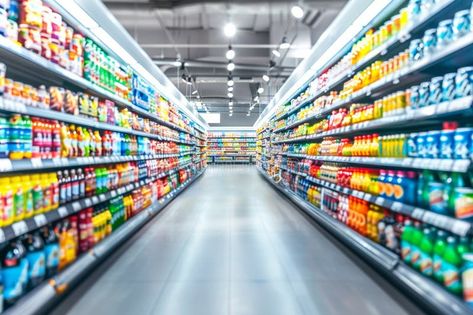 Brightly lit supermarket aisle with a variety of colorful products on shelves, creating a vibrant shopping atmosphere stock photography Supermarket Photo, Cereal Aisle, Supermarket Shelves, Shopping Photography, Sign Decor, Cool Backgrounds, Art References, Personalized Signs, Graphics Design