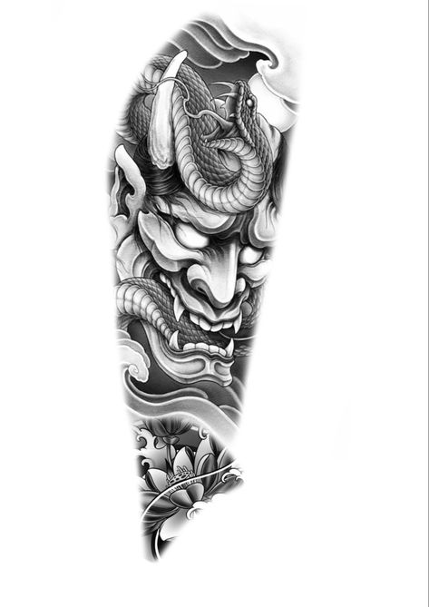 Oni Mask Forearm Tattoo, Cold Tattoo Ideas For Men, Men Half Sleeve Tattoo Forearm, Chinese Theme Tattoo, Oni Tattoo Sleeve, Samurai Tattoo Forearm, Japanese Tattoo Forearm, Forearm Tattoo Men Sleeve Stencil, Japanese Oni Tattoo