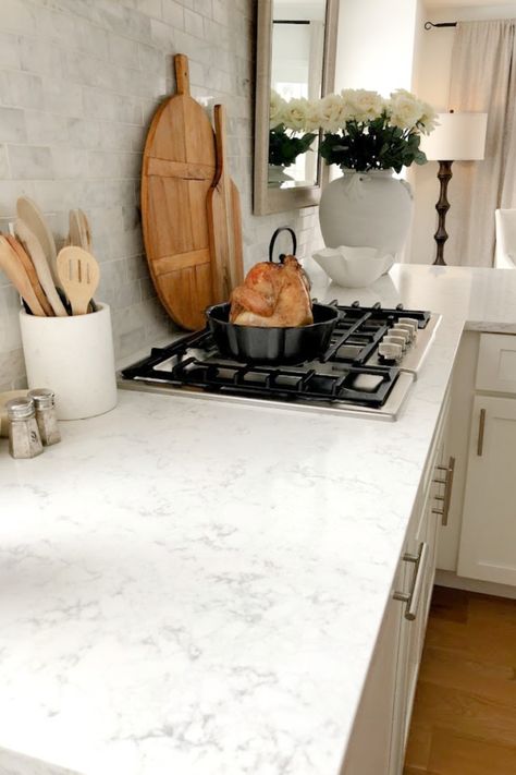 Viatera Minuet quartz countertop in my classic white kitchen (with Modern French influence) paired with polished marble subway tile backsplash - Hello Lovely Studio. #whitequartz #quartzcountertops #minuet Quartz Kitchen Countertops White, Modern Classic Kitchen, White Kitchen Inspiration, Marble Tile Backsplash, White Quartz Counter, White Shaker Kitchen, Marble Subway Tiles, Classic White Kitchen, Quartz Kitchen Countertops