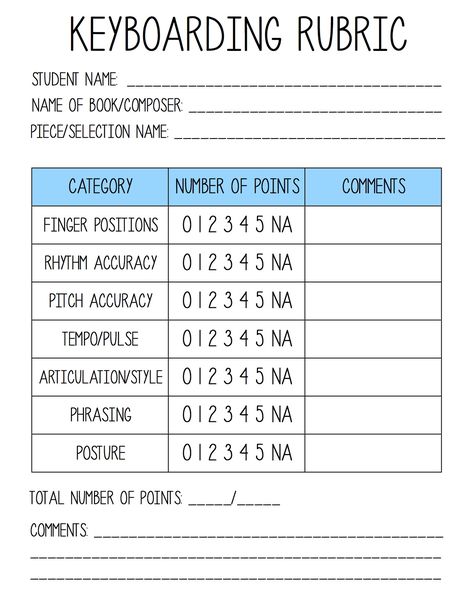 http://www.teacherspayteachers.com/Product/Free-Rubric-for-Class-Piano-and-Keyboarding-Performance-879152 Music Rubric, Music Assessments, Piano Pedagogy, Keyboard Lessons, Assessment Rubric, Online Piano Lessons, Blues Piano, Piano Practice, Computer Class