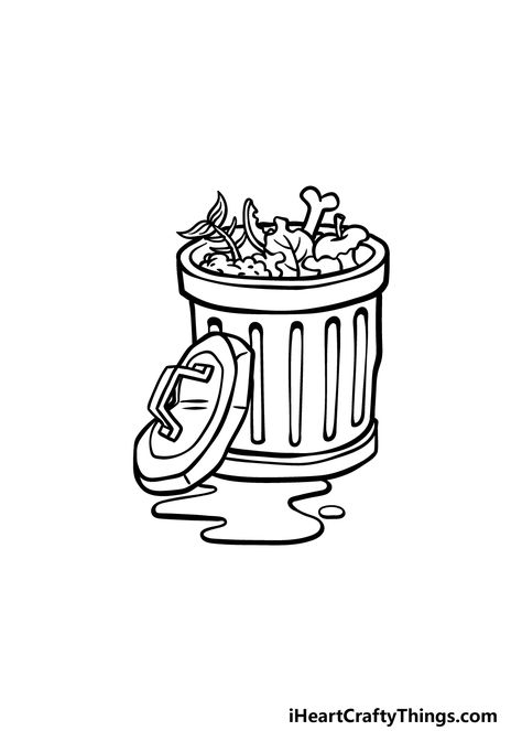 How To Draw A Trash Can – A Step by Step Guide Trash Bag Drawing, Trash Bin Drawing, Trash Can Doodle, Trash Doodle, Trash Can Drawing, Garbage Drawing, Trash Can Art, Trash Drawing, Doodle Cards