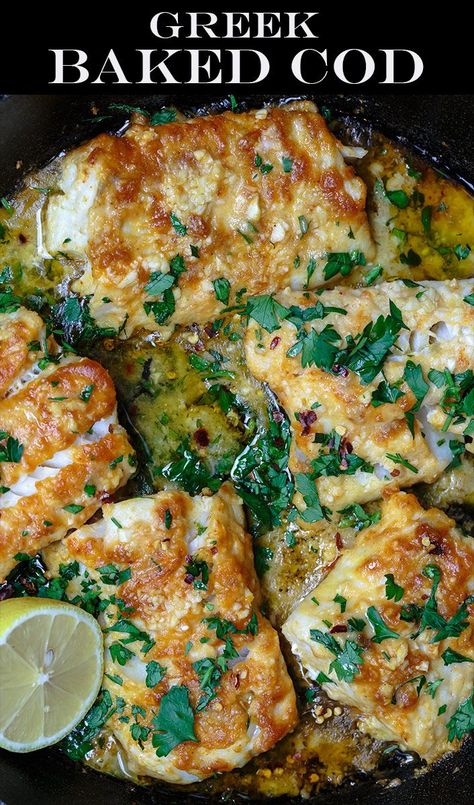 Greek-Style Baked Cod Recipe with Lemon and Garlic! There is a reason thousands of people are raving about this recipe! So much flavor, and a great weeknight dinner! Baked cod, spiced Greek-style and baked with fresh lemon juice, olive oil and garlic. Takes 15 minutes or less in your oven! #greekfood #codrecipe #mediterraneanrecipe #bakedcod #bakedfish #onepandinner #fishdinner #fish #seafood #mediterraneandiet Recipe With Lemon, Baked Cod Recipes, Cod Fish Recipes, Cod Recipe, Fish Dinner Recipes, Easy Mediterranean Diet Recipes, Best Seafood Recipes, Resep Diet, Cod Recipes