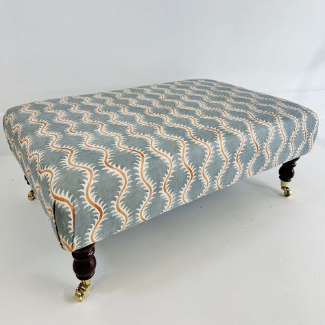 A contemporary handcrafted coffee table footstool in a beautiful linen called 'Helter Skelter' from the Linwood Small Prints II collection. This stylized fern design brings a subtle yet sophisticated style to any interior. Created with premium turned mahogany legs and brass castors for a touch of luxury.Available in 2 sizes, pictured above is the large.Made to order in our Somerset workshop. not given 100% Linen Cheyne Walk, Osb Wood, Upholstered Coffee Tables, Linwood Fabrics, Large Footstools, Coffee Table Ottoman, Fern Design, Country Interiors, Upholstery Ideas