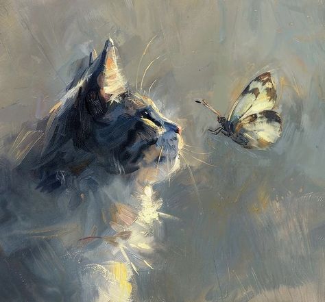 Cat Painting Easy, Kitten Paws, Cat With Butterfly, Cat And Butterfly, Butterfly Cat, Cat Butterfly, Cats Art Drawing, Art Gallery Wallpaper, Cat Art Print