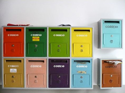 mailboxes! #color #mailboxes Crochet Postcard, Mail Solutions, Mailbox Installation, Apartment Mailboxes, Mail Boxes, You've Got Mail, Post Box, Letter Box, Cool Apartments