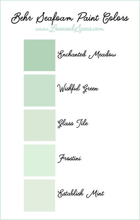 The BEST seafoam paint colors in a range of minty green hues from Behr! Seafoam is the perfect accent color to pair with a neutral color palette! Green Room Paint Ideas, Seafoam Walls, Mint Green Paint Color, Seafoam Green Color Palette, Seafoam Green Kitchen, Mint Paint Colors, Painted Adirondack Chairs, Sage Green Palette, Emerald Bedroom