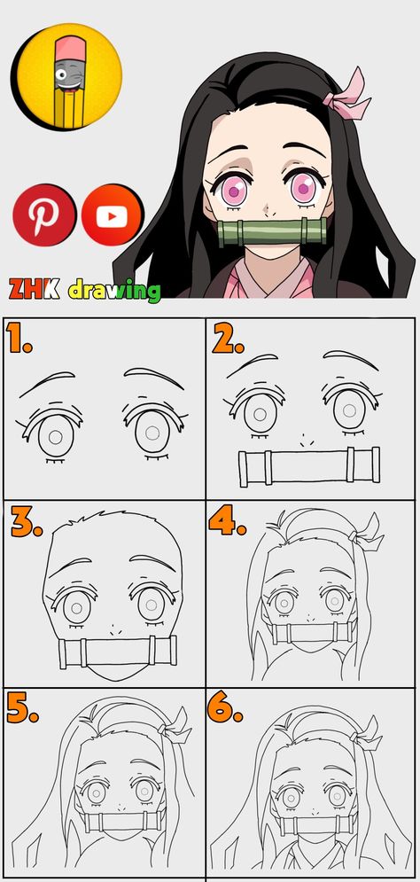 Nezuko Drawing Easy Cute, Anime Demon Slayer Drawing Easy, Drawings Of Nezuko, Nezuko Step By Step Drawing, Drawing Nezuko Easy, Cute Easy Anime Drawings Step By Step, Drawing Ideas Easy Anime Step By Step, Anime Drawing Easy Tutorial, How Drawing Anime