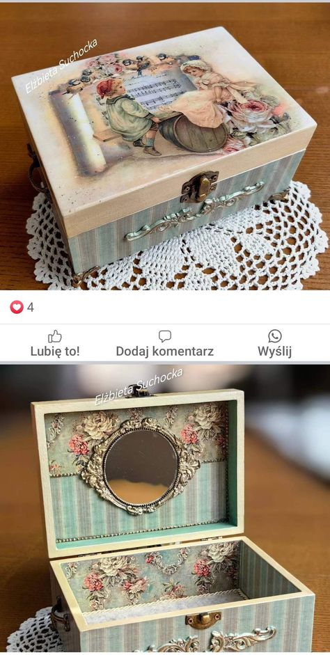 Wooden Box Crafts Diy, Craft Room Vintage, Decoupage Jewelry Box Ideas, Craft Box Ideas, Decoupage Box Vintage, Wooden Box Crafts, Puppy Crafts, Jewelry Box Makeover, Decoupage Decor