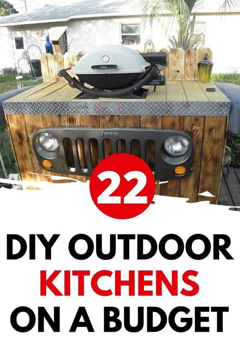 Learn how to build an outdoor kitchen on a budget. Easy outdoor upgrade with these inexpensive outdoor kitchen ideas. 22 DIY outdoor kitchens for your small backyard or big yard. Diy Outdoor Kitchens, Outdoor Grill Area Diy, Outdoor Kitchen Ideas Diy, Outdoor Kitchen On A Budget, Build An Outdoor Kitchen, Small Outdoor Kitchen Design, Outdoor Countertop, Simple Outdoor Kitchen, Outdoor Kitchen Sink