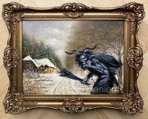 Finished My Painting Of Krampus Paintings Wall Decor, Thrift Store Art, Nature Paint, Home Nature, Paintings Wall, Upcycled Art, Halloween Painting, Old Paintings, Christmas Paintings