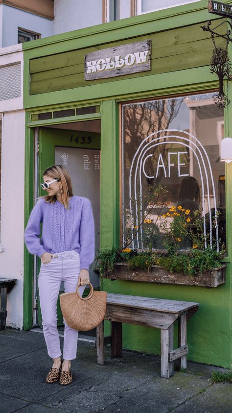 Lavender Office Outfit, Lavender Jumper Outfit, All Lavender Outfit, Lavender And Red Outfit, Light Purple Jeans Outfit, Lilac Fall Outfit, Monochromatic Purple Outfit, Lavender Fashion Outfits, Pastel Outfits Ideas