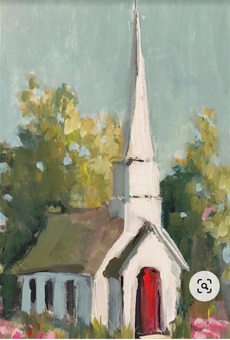 Churches To Paint, Watercolor Churches Simple, Old Church Paintings, Paintings Of Churches, Church Painting On Canvas, Country Church Painting, Tiny Artwork, Painted Churches, Church Artwork