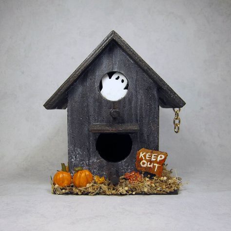 Diy Halloween Village, Halloween Birdhouse, Keep Out Sign, Mini Birdhouse, Halloween Fairy Garden, Decoration For Halloween, Birdhouse Craft, Wood Pile, Homemade Halloween Decorations