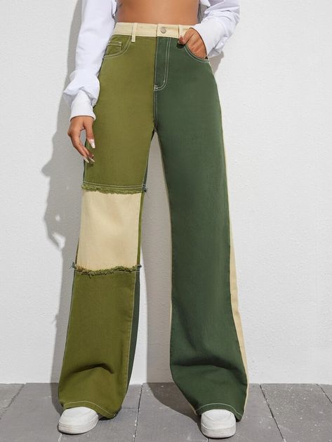 Colorblock High Waist Wide Leg Jeans | SHEIN USA Denim Diy Clothes, Colorblock Pants, Unique Jeans, Saree Wearing Styles, High Waist Wide Leg Jeans, Fashion Drawing Dresses, Jeans Diy, Modern Outfits, Urban Outfits