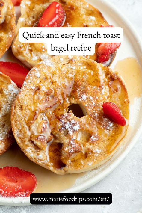 Why choose between bagels and French toast when you can have both? These French toast bagels are soooo delicious, with a melt-in-your-mouth inside and crispy, buttery outside. Trust me, you can't go wrong with this one. French Toast With Bagels, French Toast Bagel Recipe, French Toast Bagels, French Toast Bagel, Bagel French Toast, Easy French Toast, Blueberry Bagel, Viral Recipes, Breakfast Bagel